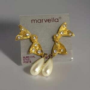Marvella Couture Gold tone Bow Dangle Faux Pearl Crystal Stud Earrings 1.5 in.